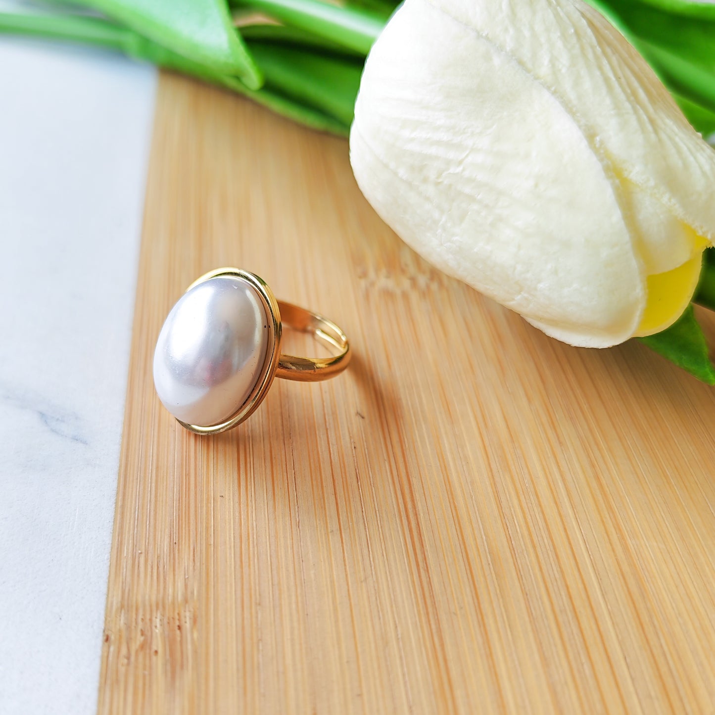 Faux Large pearl golden adjustable ring