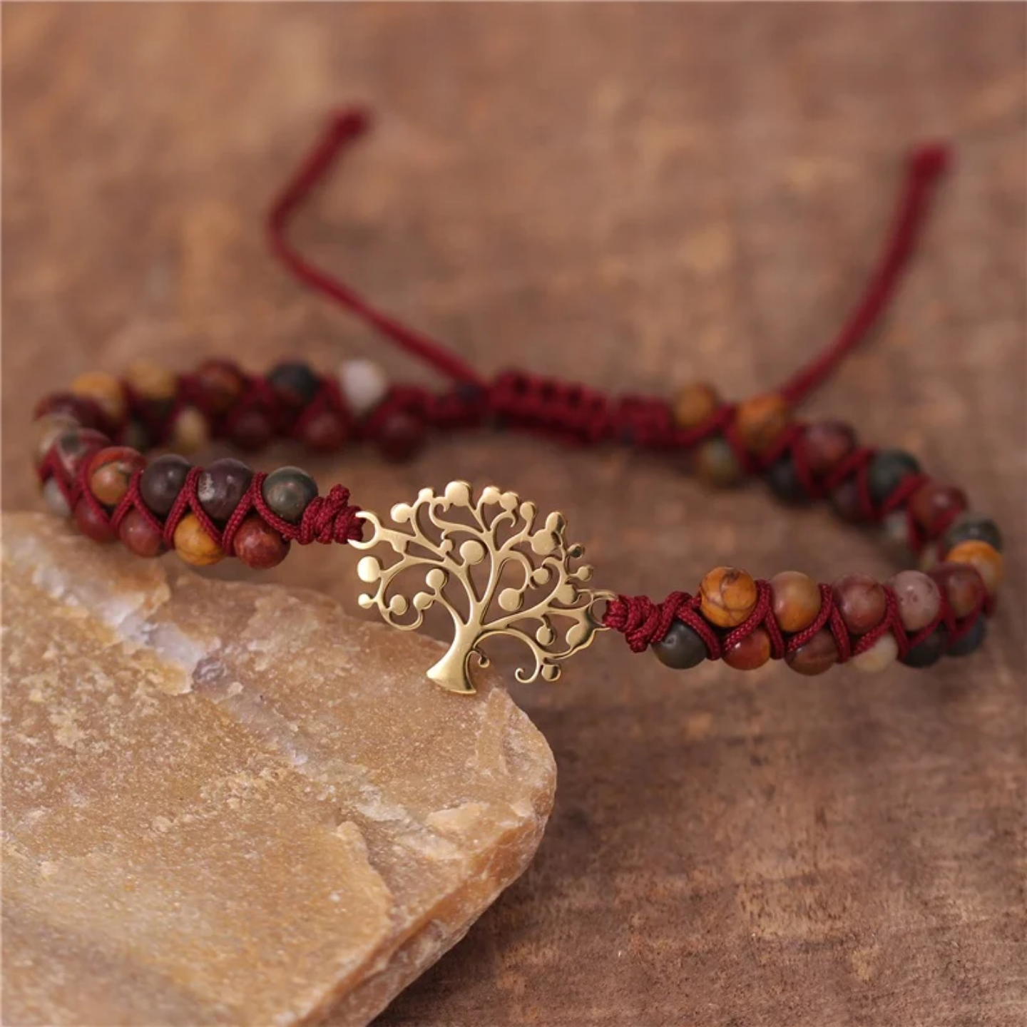 18k Gold Tree of Life gemstone beaded Macrame bracelet