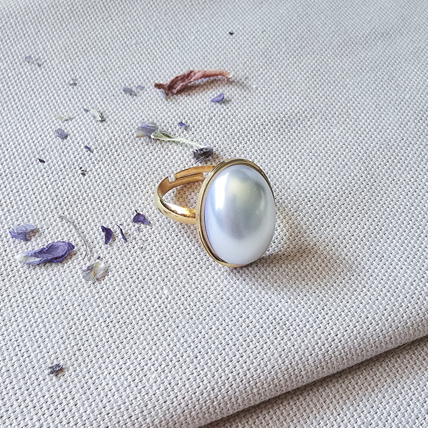 Faux pearl golden adjustable ring