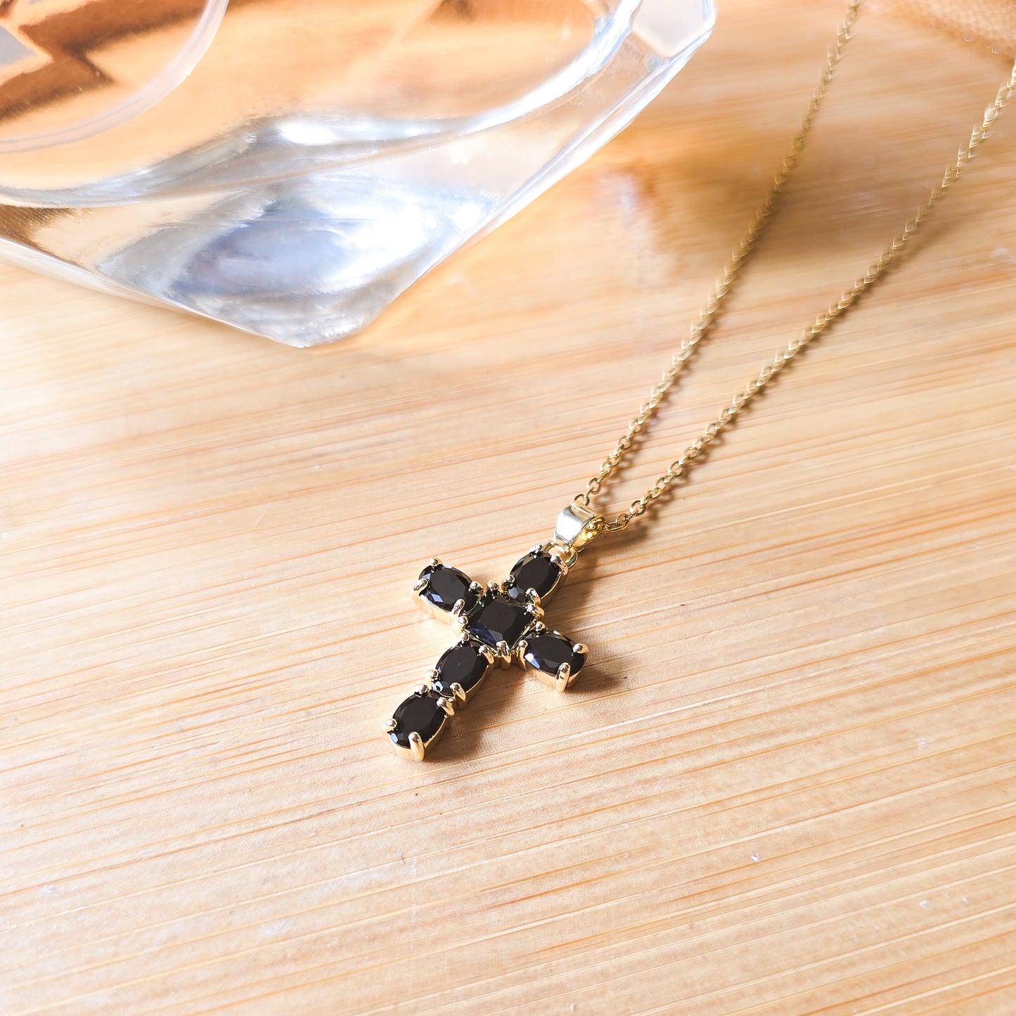 Black stone cross necklace