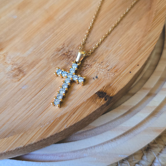 Rhinestones gold cross necklace