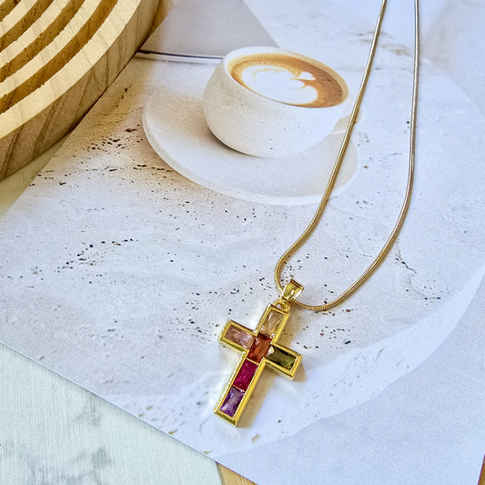 Zirconia rainbow cross necklace