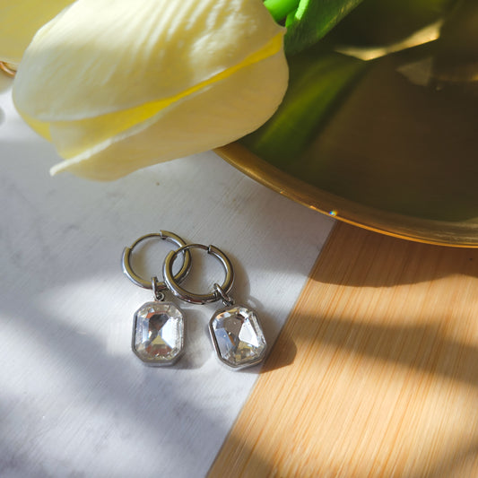 Rectangular Rhinestone silver hoop earrings