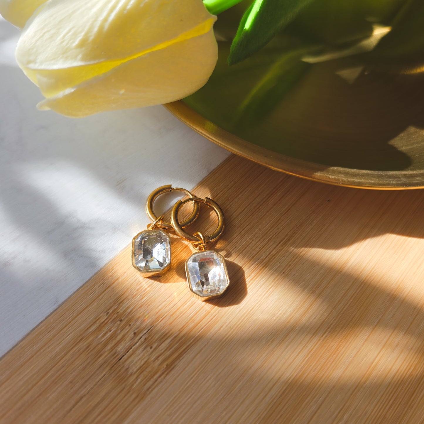 Rectangular Rhinestone Gold hoop earrings