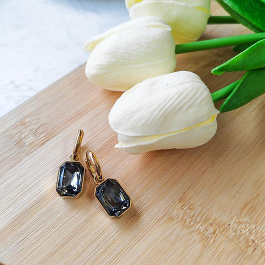 Rectangular Rhinestone black hoop earrings
