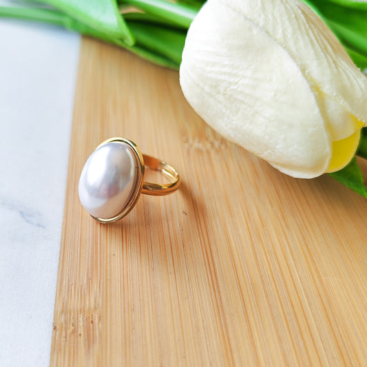 Faux Large pearl golden adjustable ring